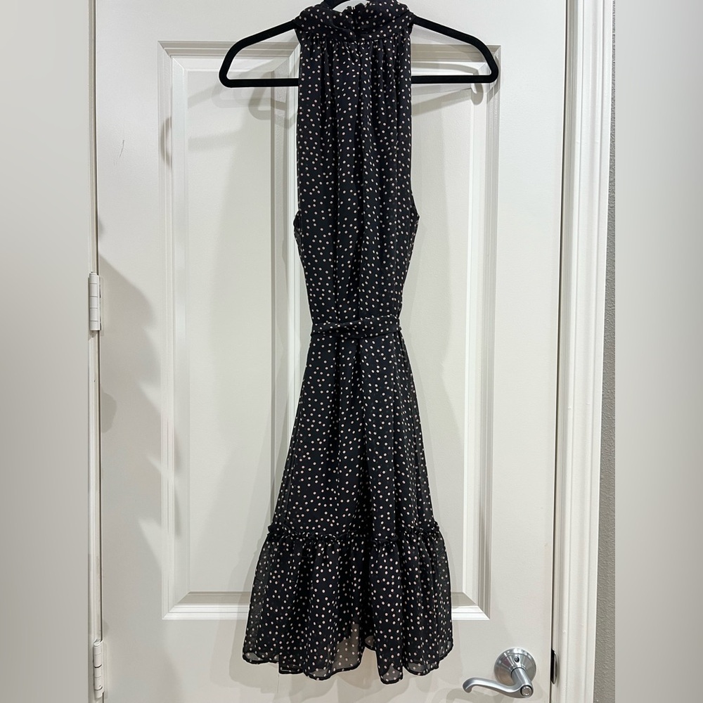 Taylor A-line Women's Black Dress Tan Polka Dot Halter Neck Ruffles Short - Picture 2 of 5
